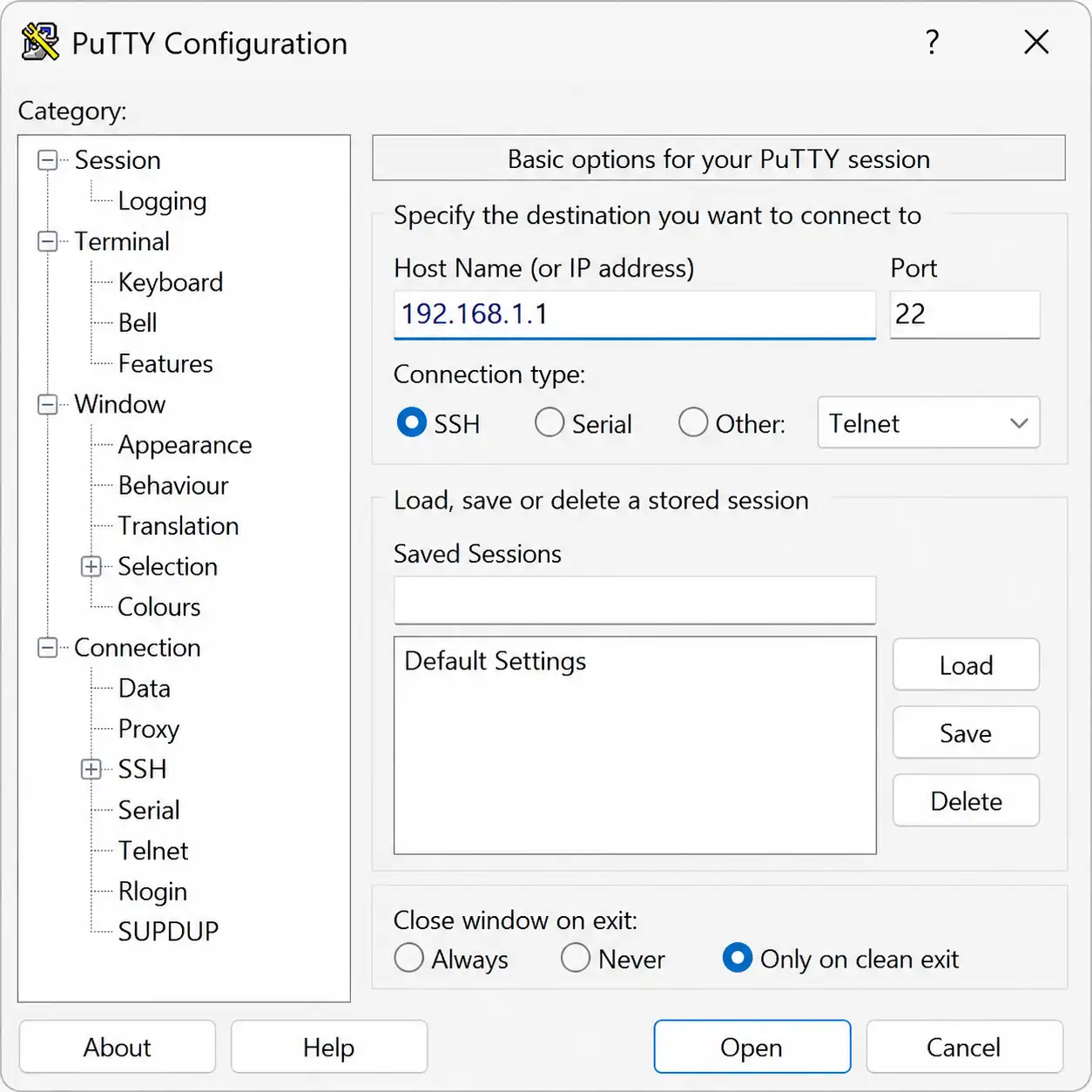 Enter Enigma2 IP address in PuTTY